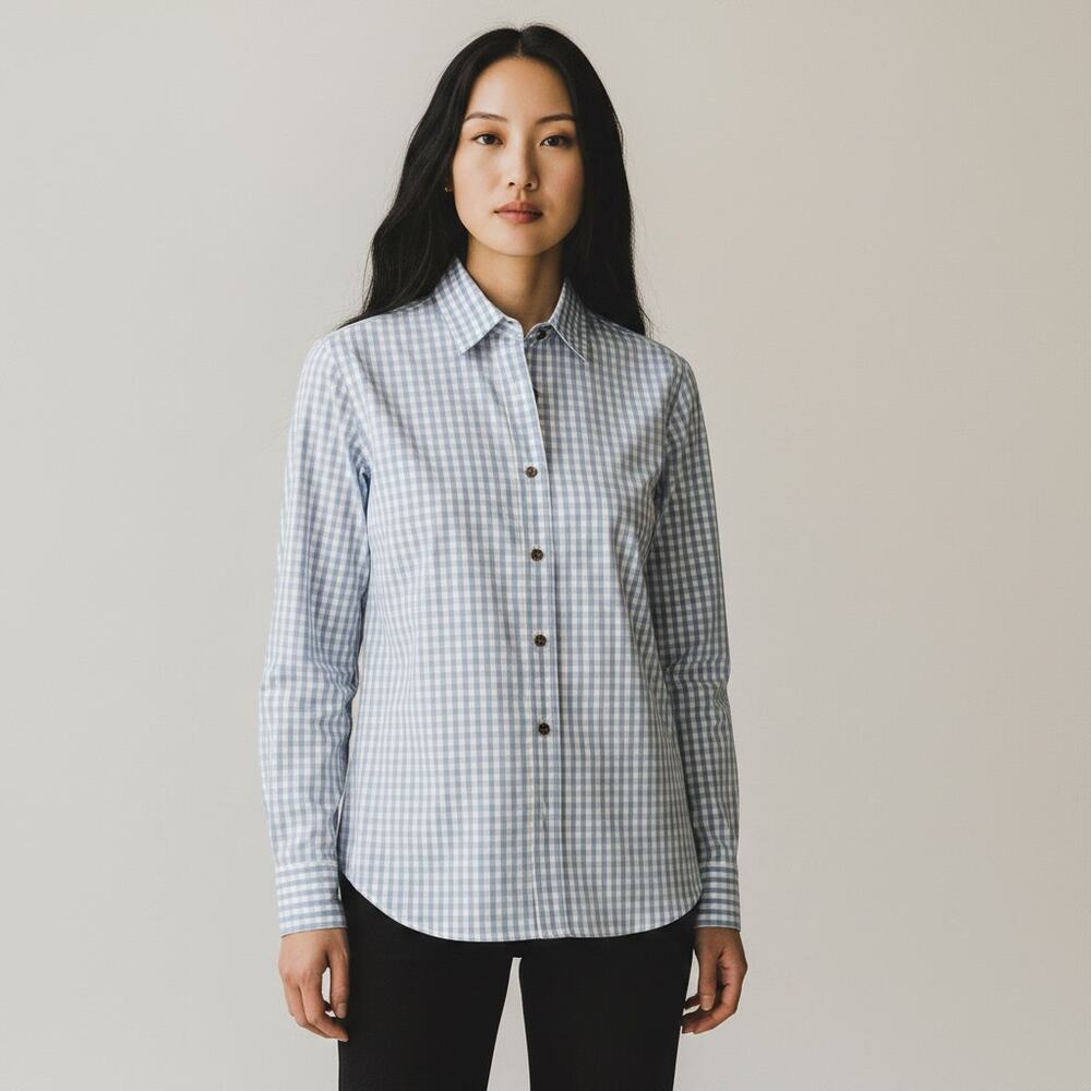 Lafayette 148 New York Poplin Button Up Shirt Blue Gingham Check Size XS FLAW - Picture 1 of 15